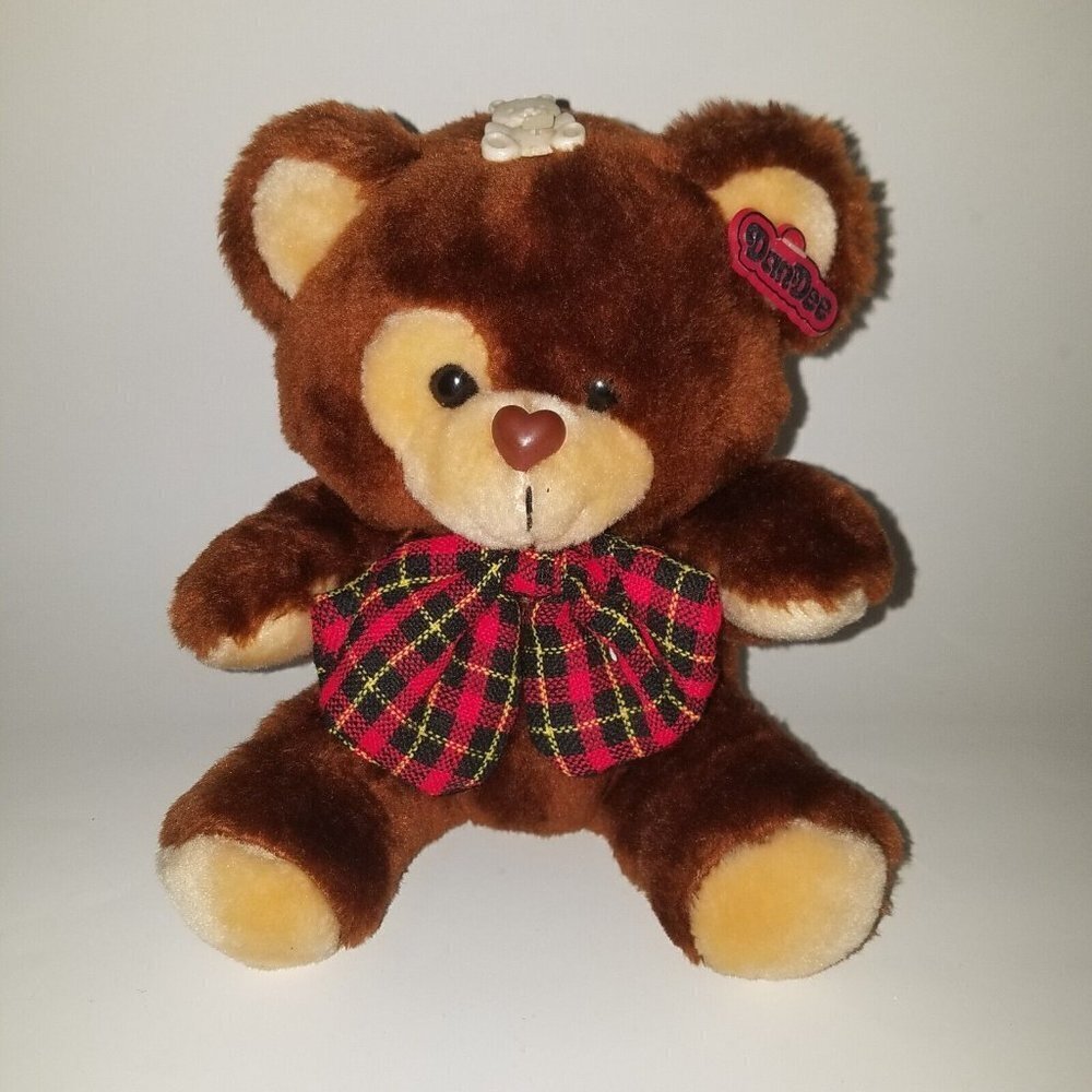 VTG Dan Dee Brown Teddy Bear Plush Red Black Yellow Plaid Bow Heart Shaped Nose